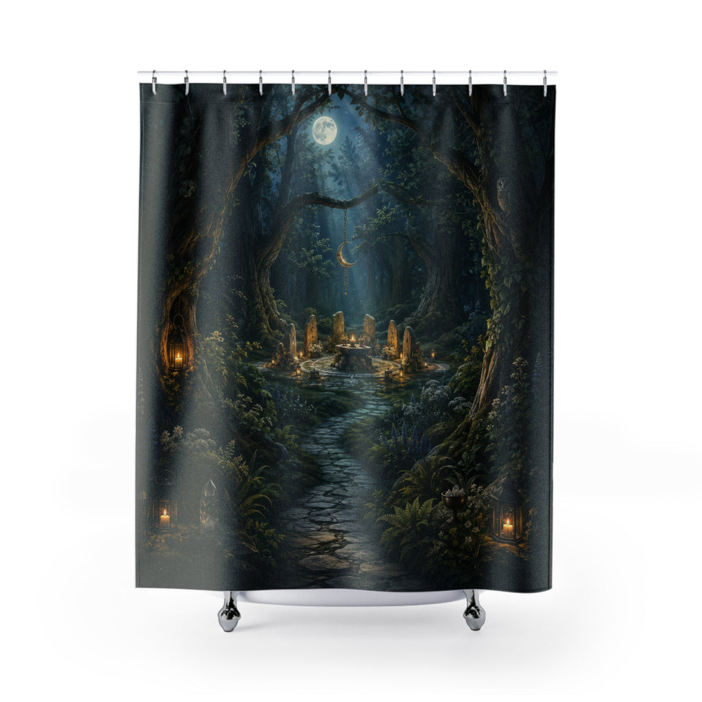 Wiccan moonlit stone circle grove with owl and lanterns shower curtain with full front view