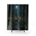 Wiccan moonlit stone circle grove with owl and lanterns shower curtain with full front view