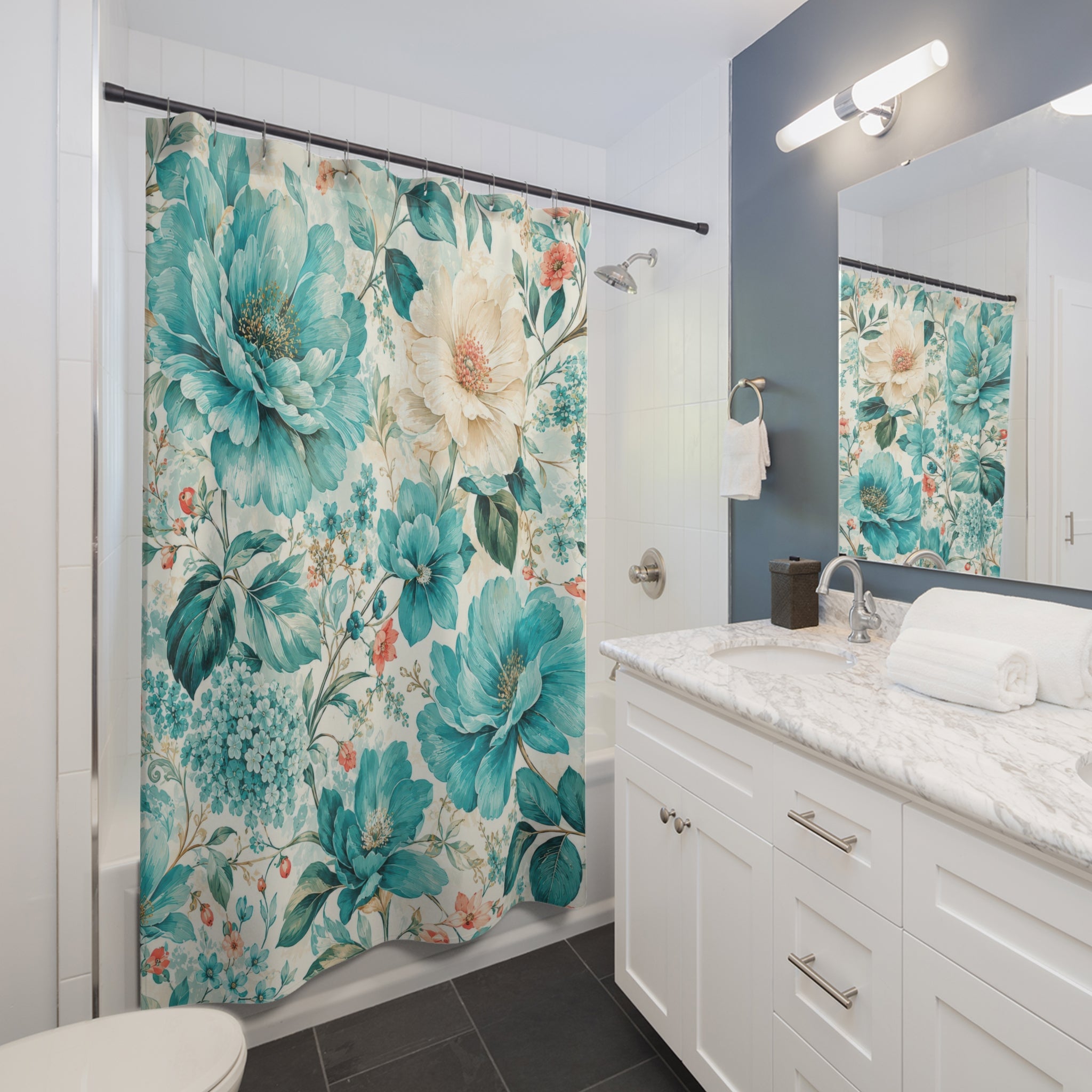 Turquoise Floral Shower Curtain: Teal Blue Botanical