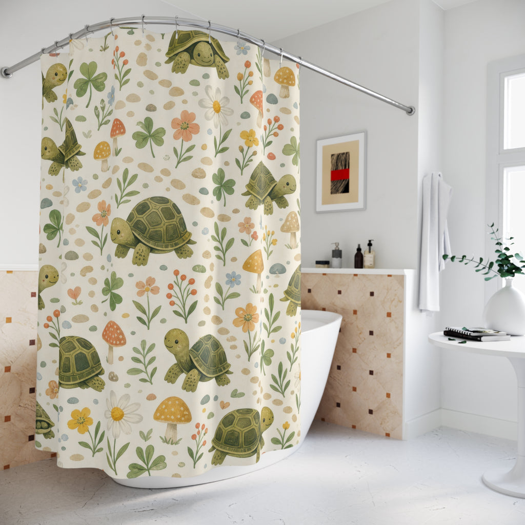 Kids Turtle Shower Curtain, Mushroom Woodland Animal Pattern, Cute Green Nursery Bathroom Decor, Woodland Wall Decor Guest Bath Wall Gift