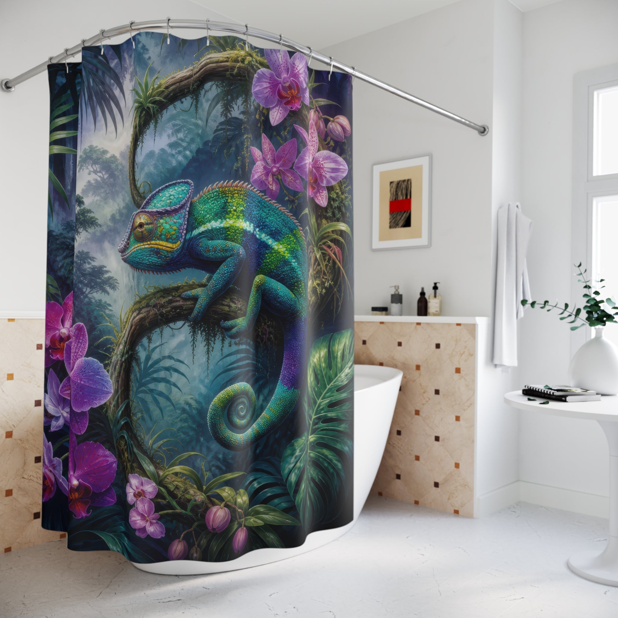 Tropical Chameleon Orchid Shower Curtain