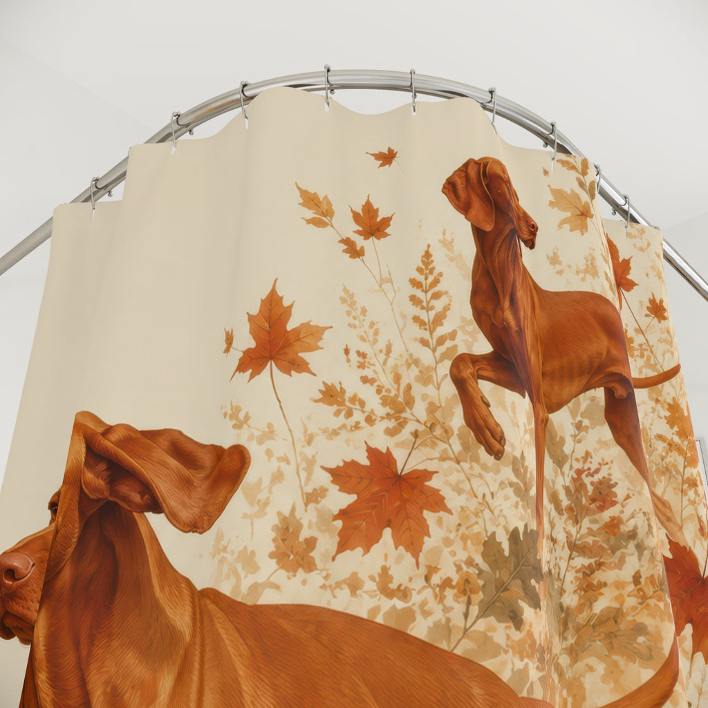 Autumn leaves Vizsla pair shower curtain with close-up print, hooks, and folds
