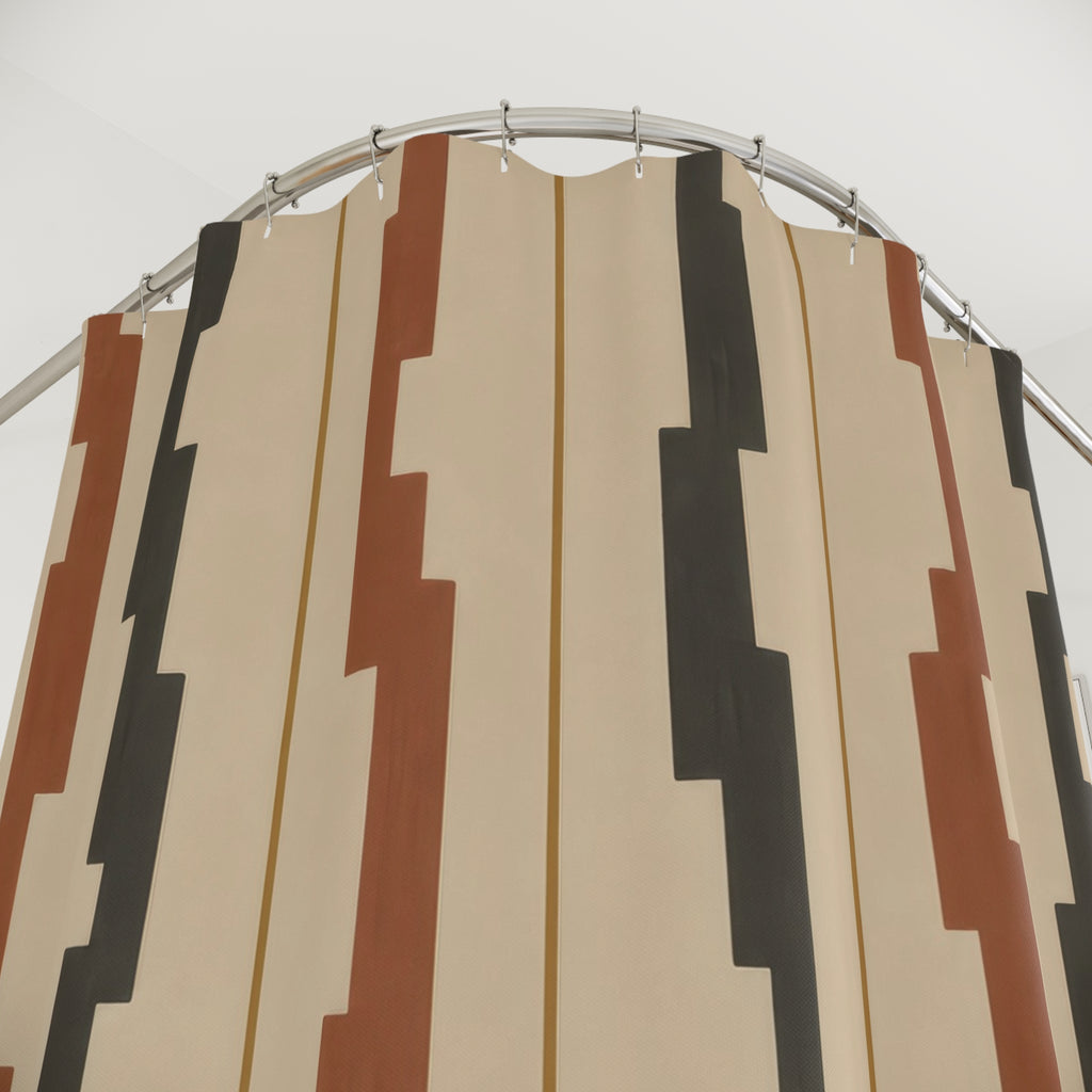 Terracotta and charcoal stepped stripes on sand shower curtain with close-up print, hooks, and folds