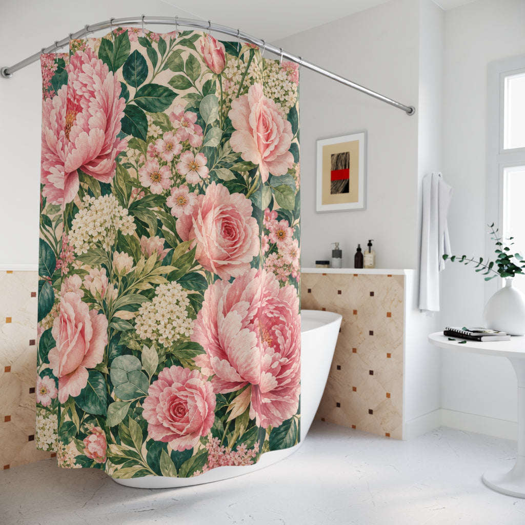 Green and Pink Shower Curtain: Rose Floral Botanical Pattern
