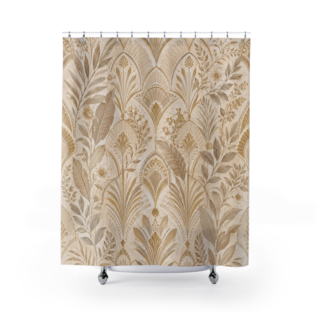 Beige and Gold Shower Curtain: Deco Botanical Pattern