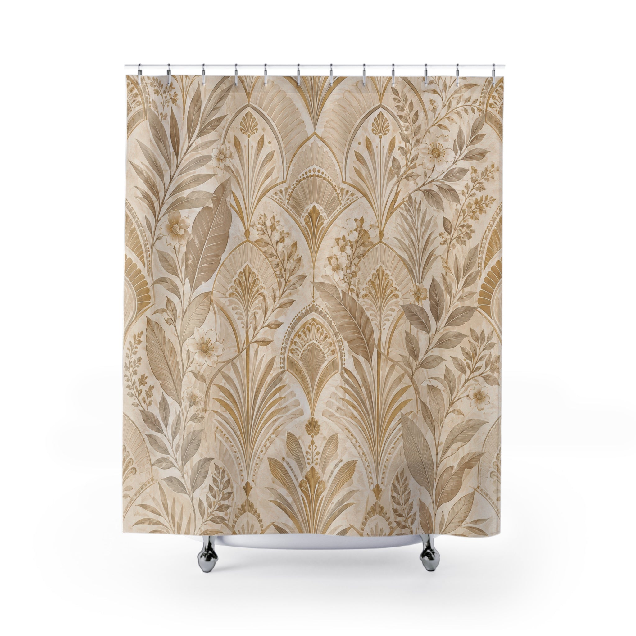 Beige and Gold Shower Curtain: Deco Botanical Pattern