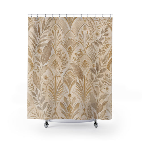 Beige and Gold Shower Curtain: Deco Botanical Pattern