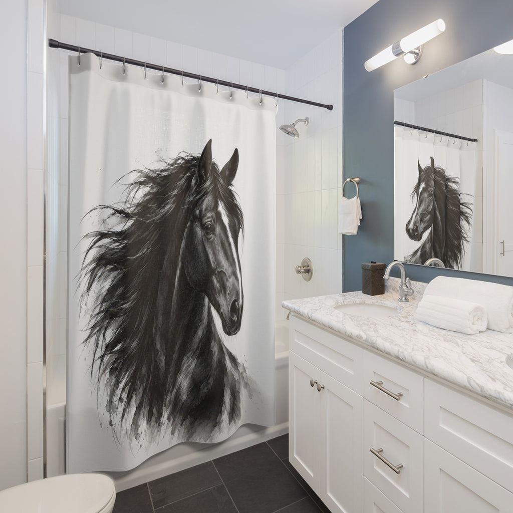 Black horse portrait with a flowing mane on white shower curtain beside a white vanity