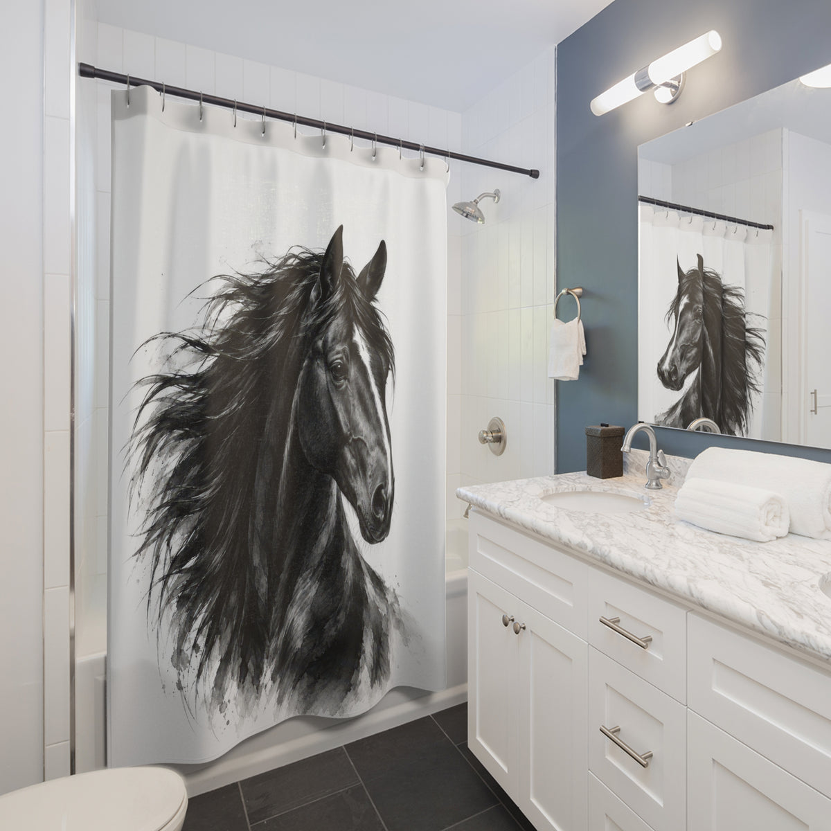 Black horse portrait with a flowing mane on white shower curtain beside a white vanity