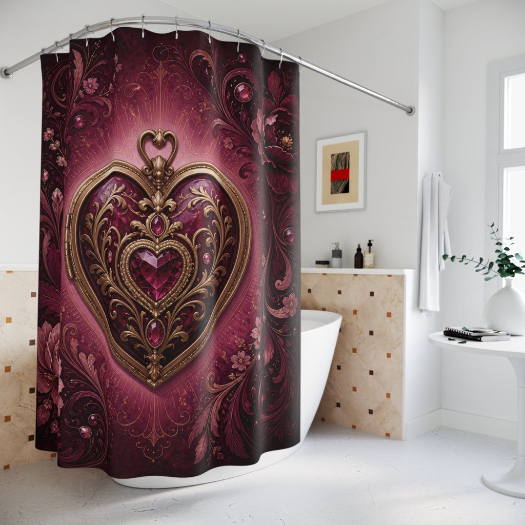 Ornate jeweled heart framed by burgundy flowers and scrollwork shower curtain beside a freestanding tub