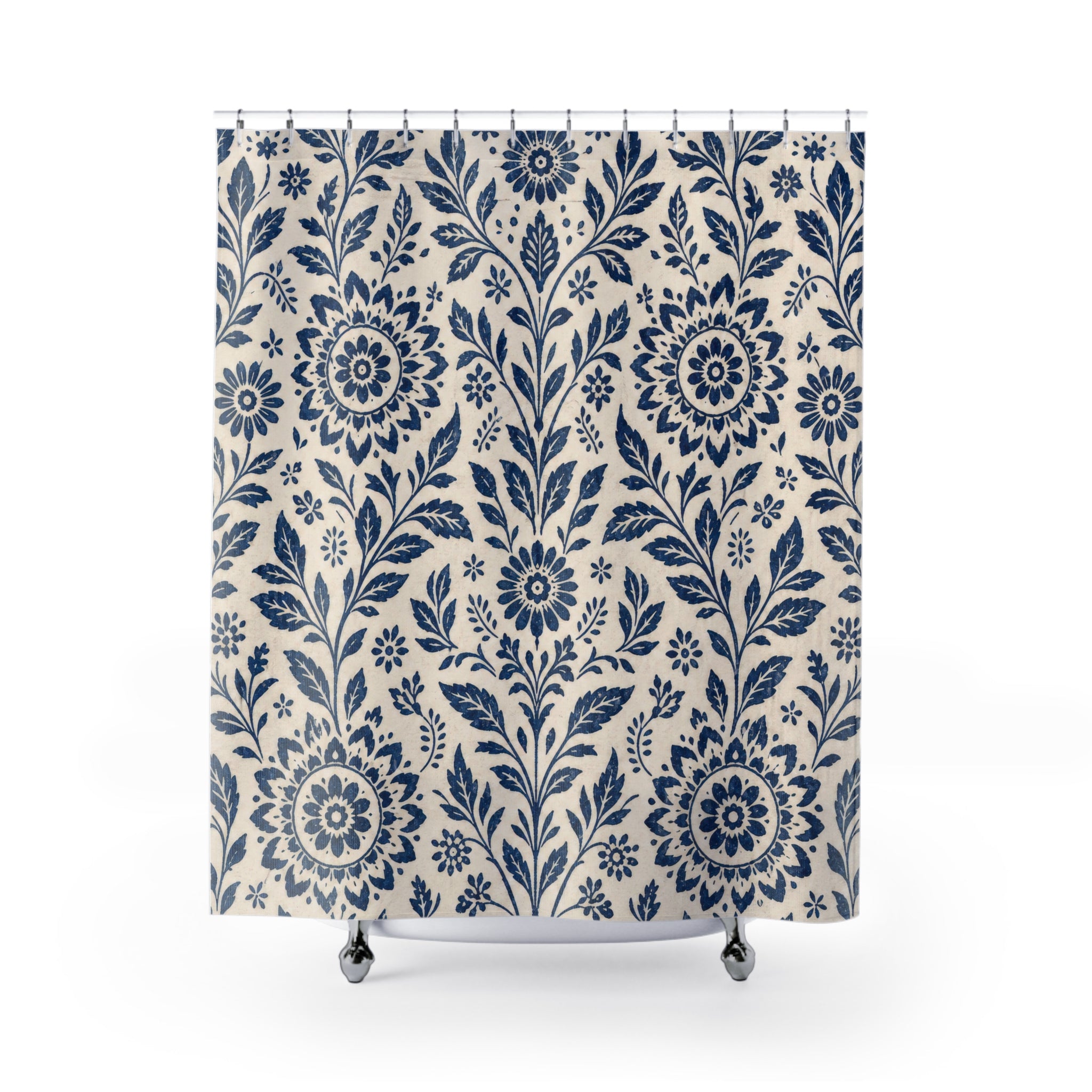Blue Floral Shower Curtain, Navy Folk Botanical Medallion Pattern, Classic Cream Bathroom Decor, Classic Wall Decor Guest Bath Wall Gift