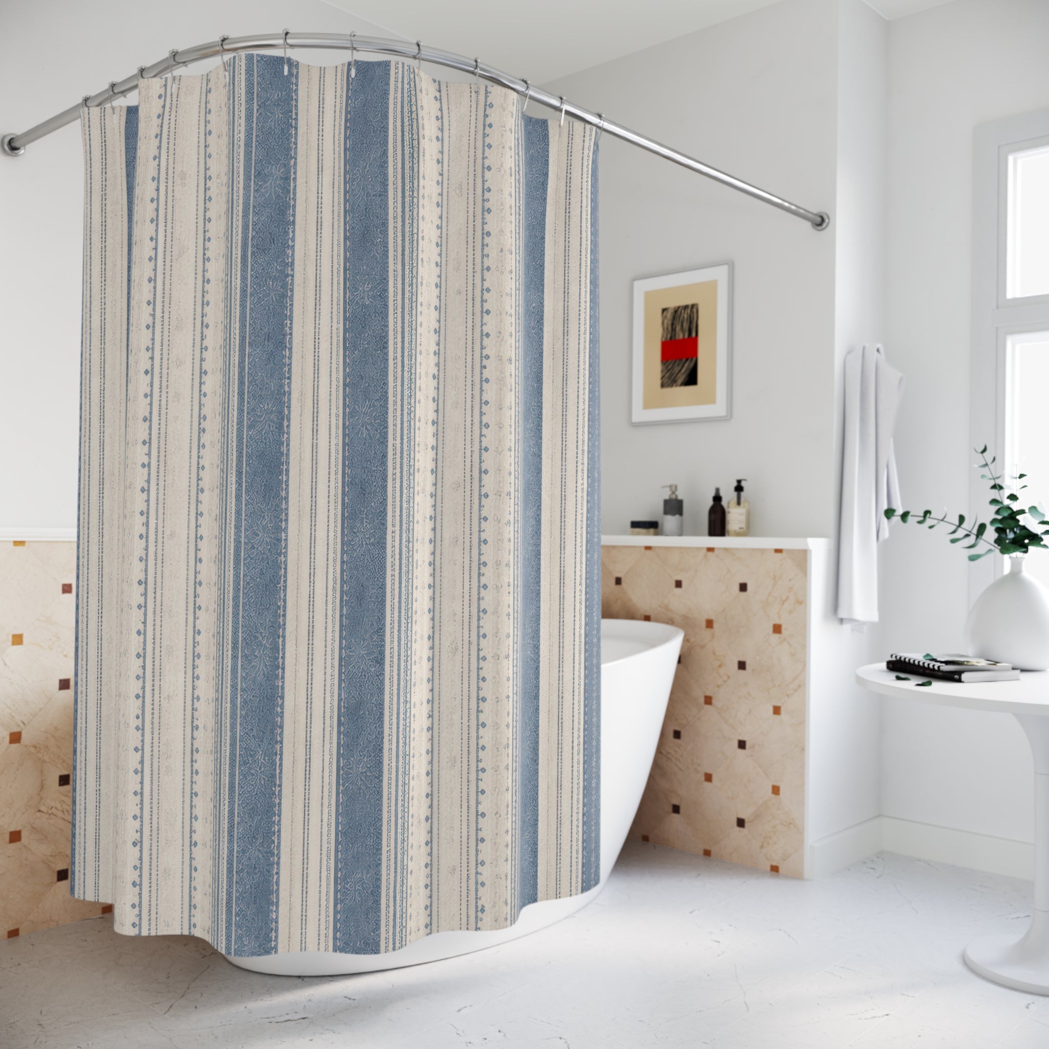 Blue French Farmhouse Stripe Shower Curtain