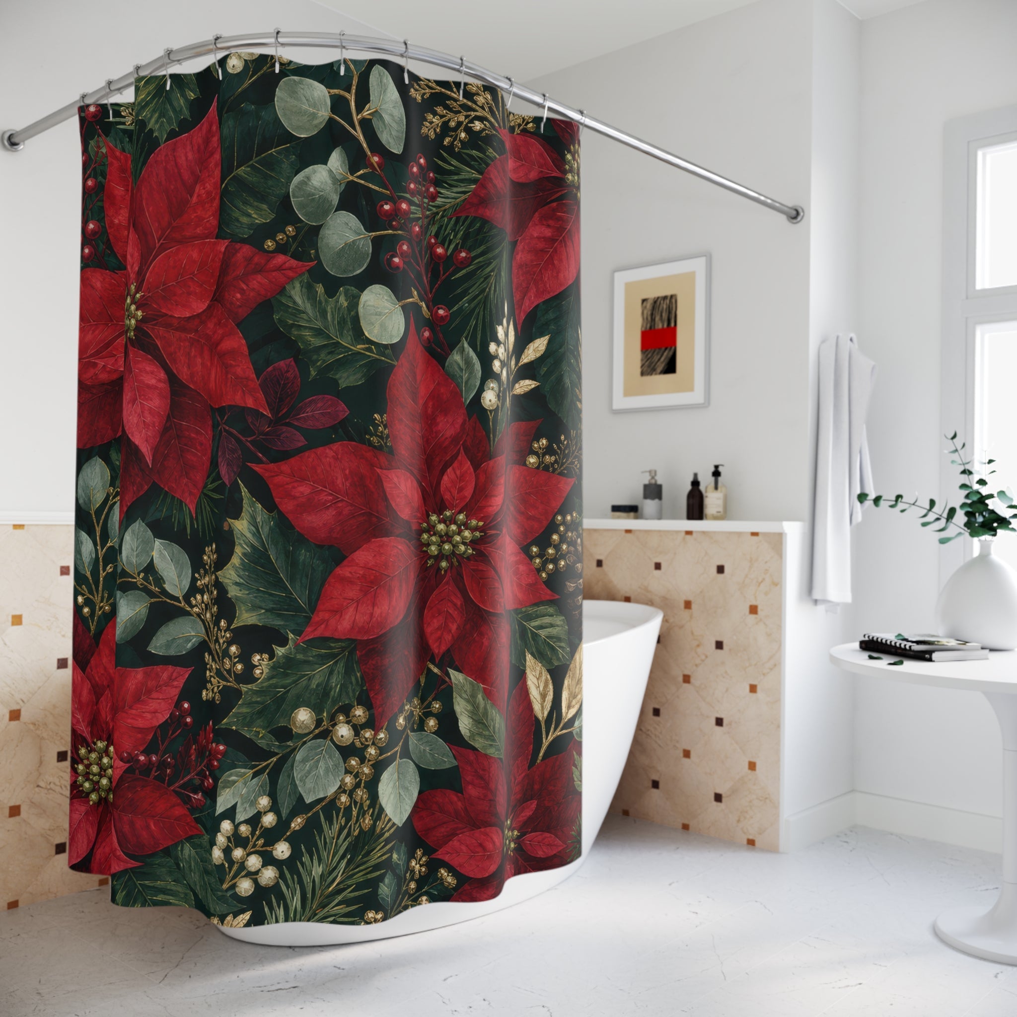 Red Poinsettia Dark Green Shower Curtain