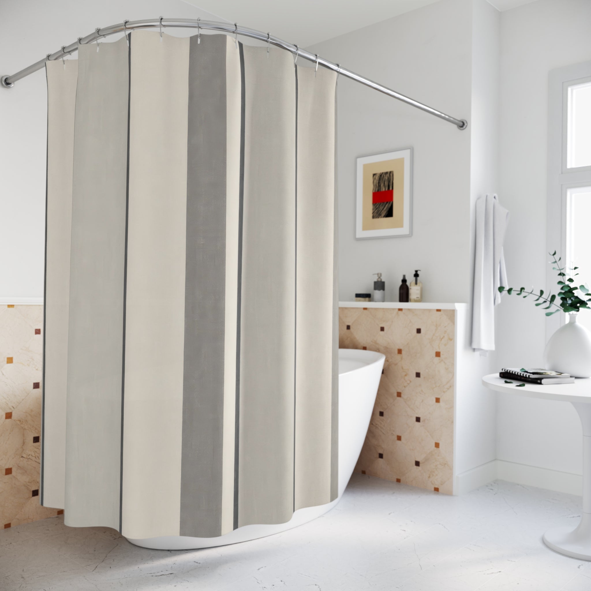 Classic Grey Stripe Shower Curtain, Grey Ivory Classic Bathroom Decor, Modern Stripe Bath Curtain, Guest Bath Decor, Small Bathroom Decor