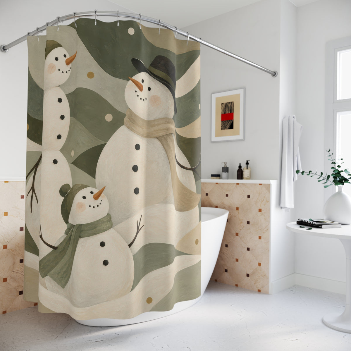 Ivory snowmen among sage, olive and beige snowdrifts shower curtain beside a freestanding tub