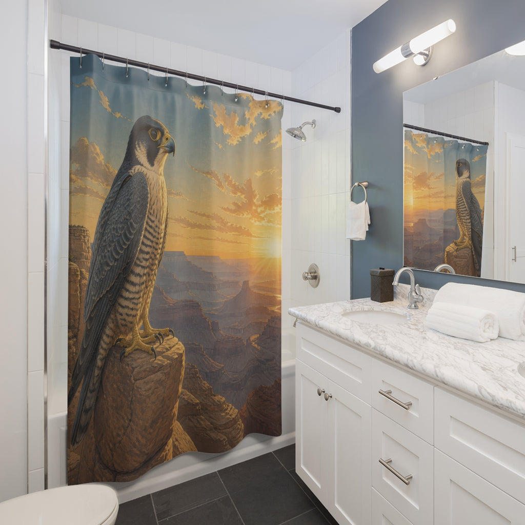 Watchful falcon on a golden canyon ledge at sunrise shower curtain installed beside a white vanity