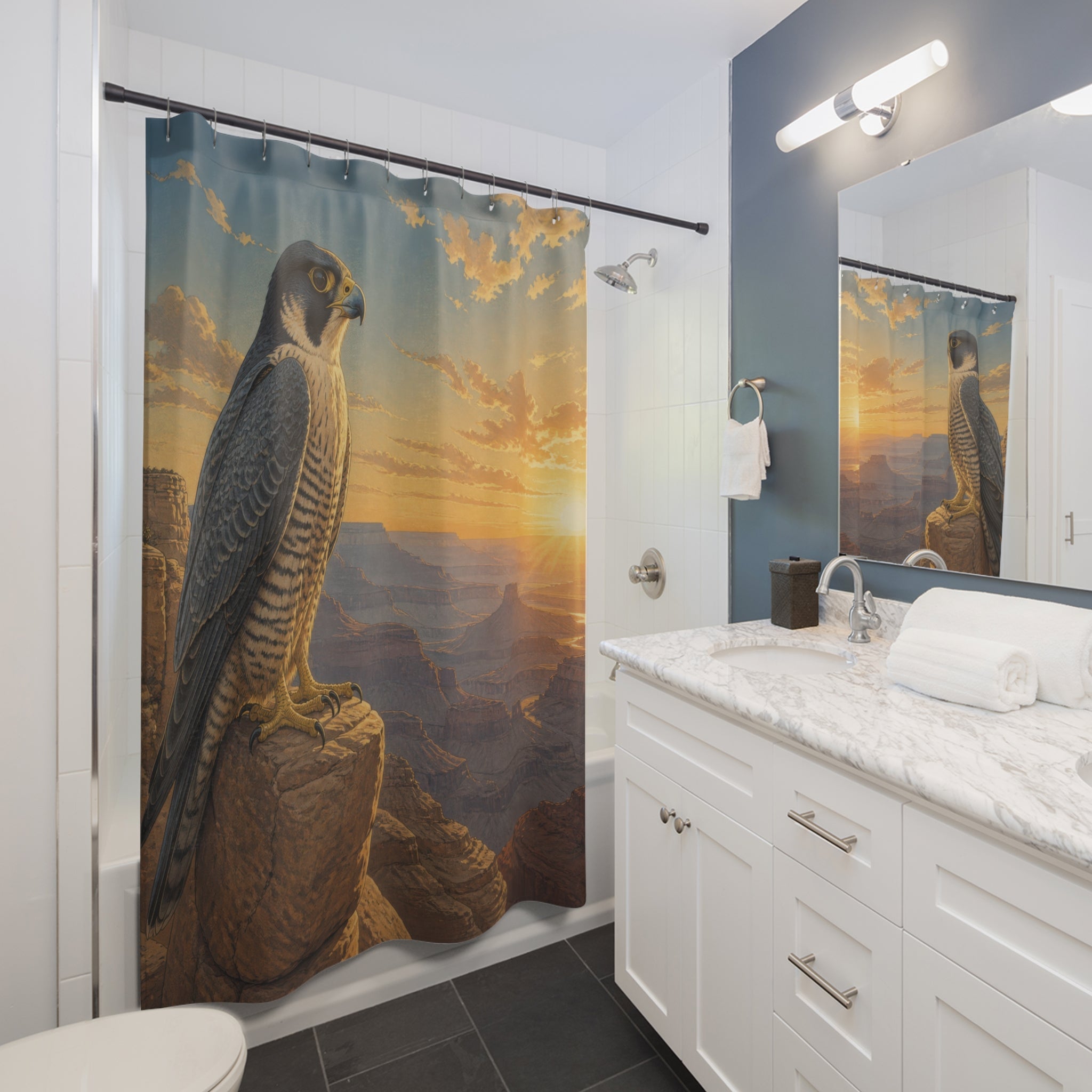 Watchful falcon on a golden canyon ledge at sunrise shower curtain installed beside a white vanity