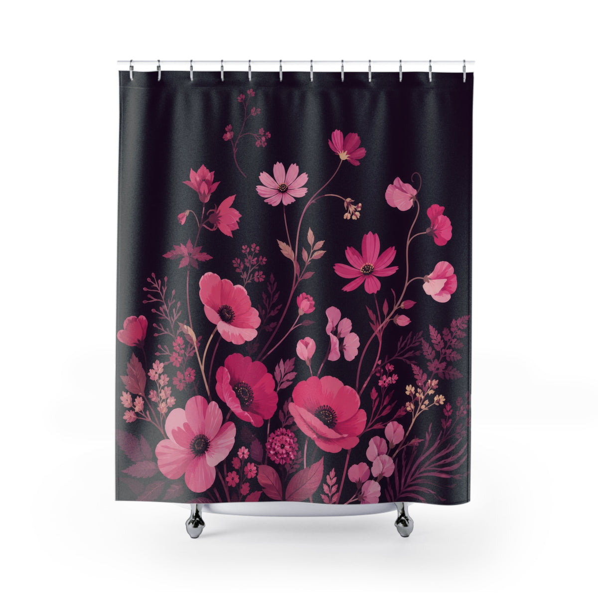Art Deco pink fan flowers in geometric repeat shower curtain with full front view