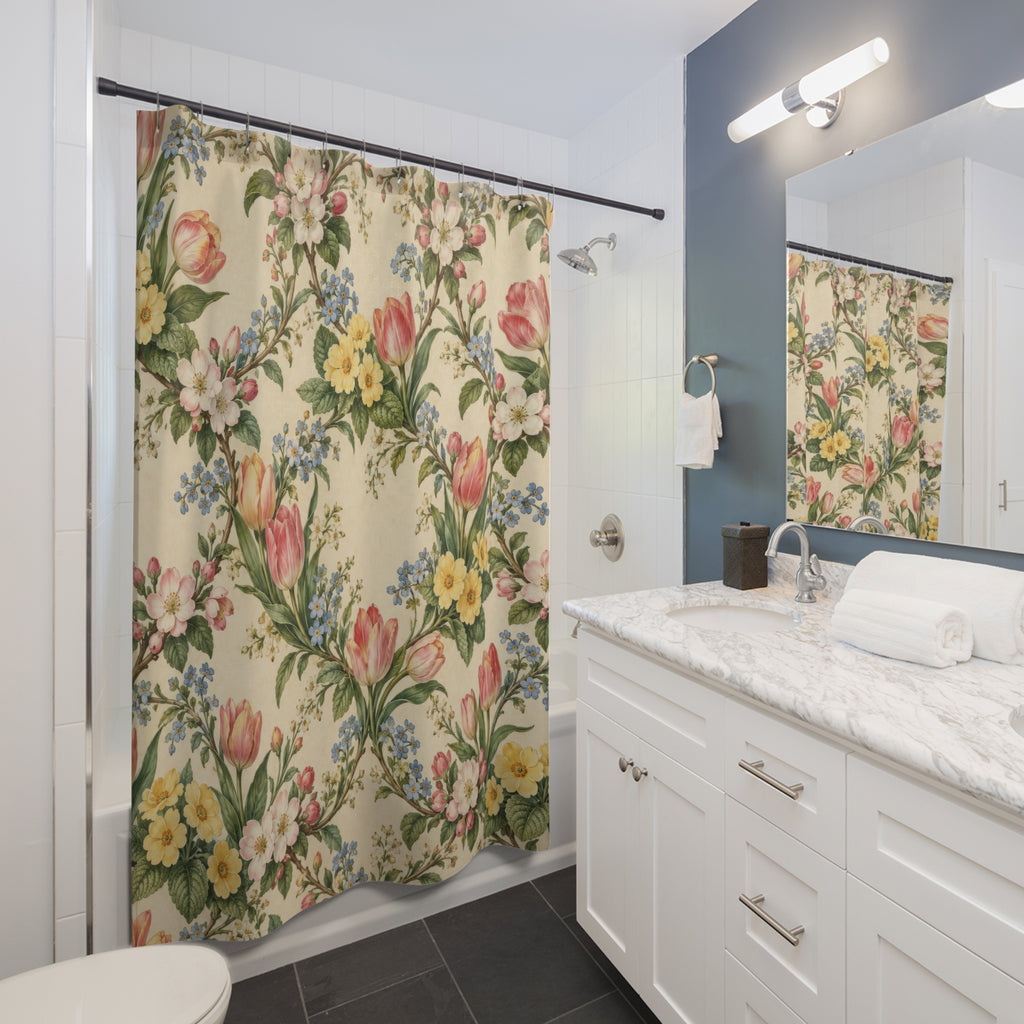 Pink tulips, apple blossoms, and primroses in a garden garland shower curtain beside a white vanity
