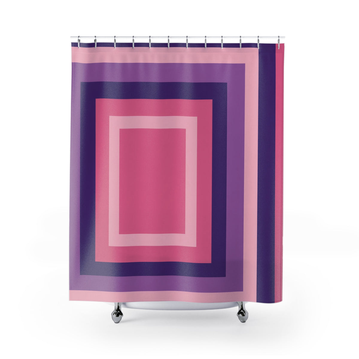 Nested rectangular stripes in pink, orchid and deep violet shower curtain with full front view