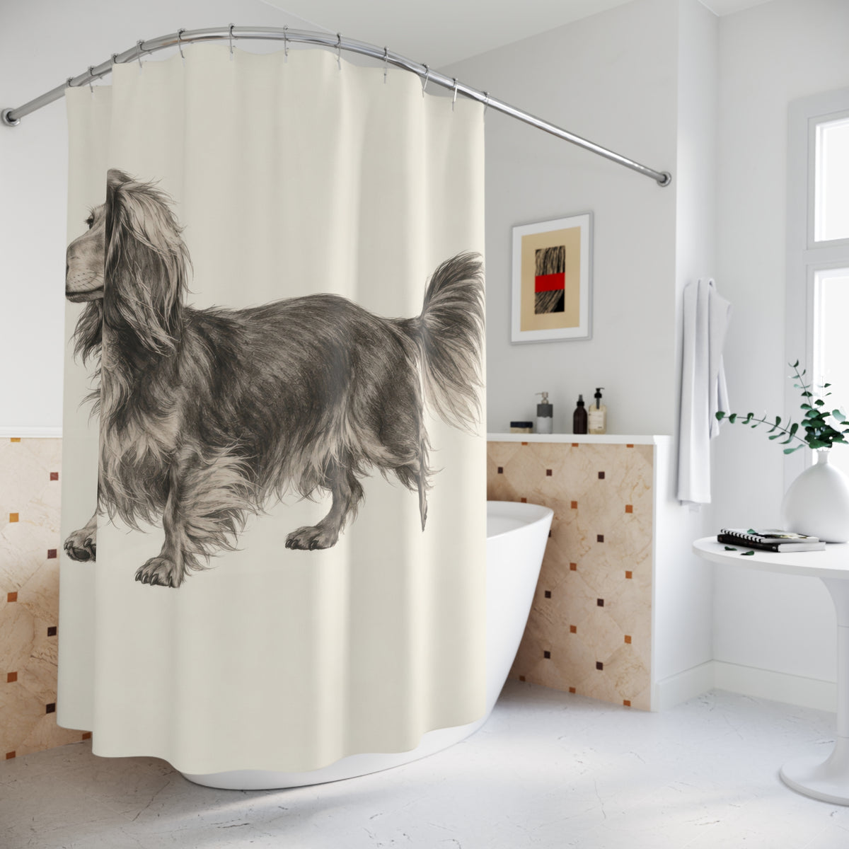 Charcoal long haired dachshund study shower curtain beside a freestanding tub