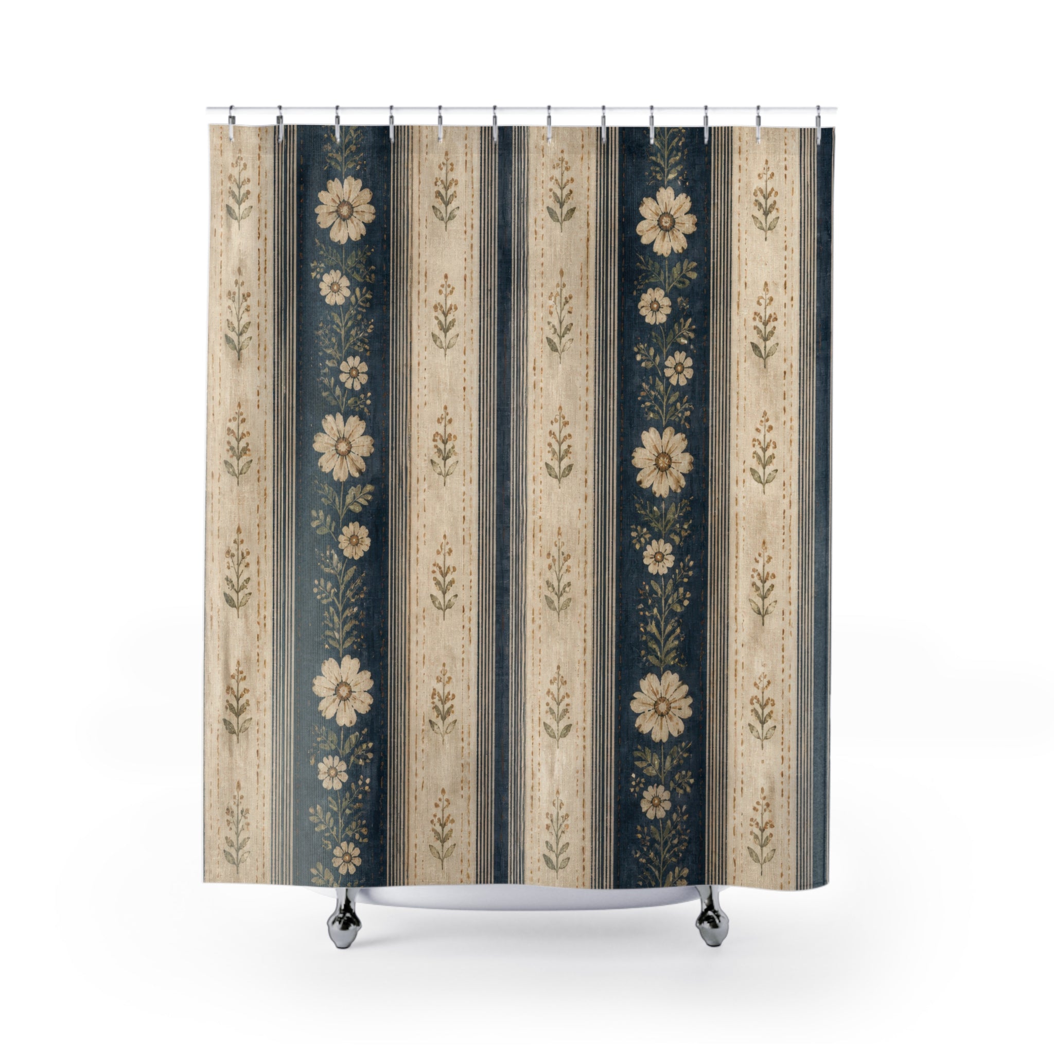 Blue Beige Floral Stripe Shower Curtain