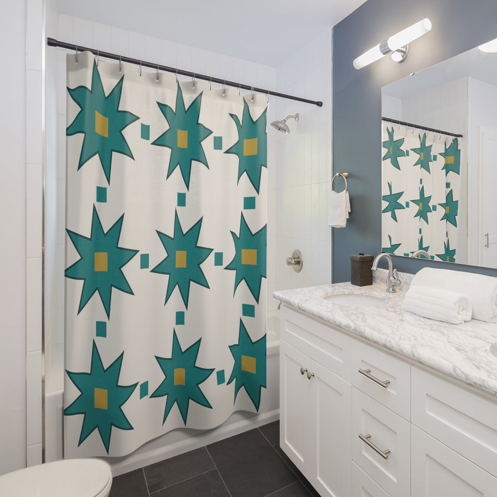 Moroccan Tile Shower Curtain: Teal Ivory Star