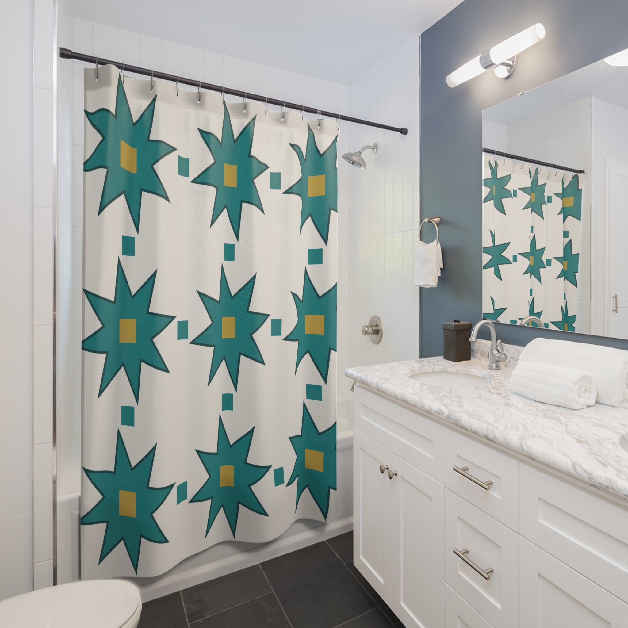 Moroccan Tile Shower Curtain: Teal Ivory Star