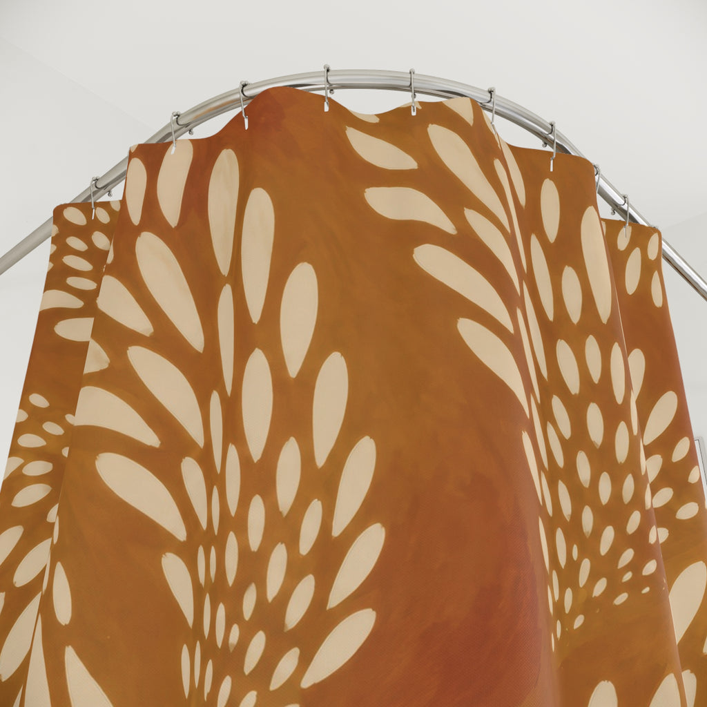Cream fawn spot fans on ochre and burnt orange shower curtain with close-up print, hooks, and folds