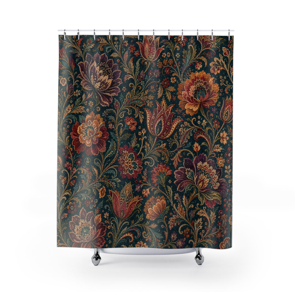 Teal Boho Flower Dark Floral Shower Curtain