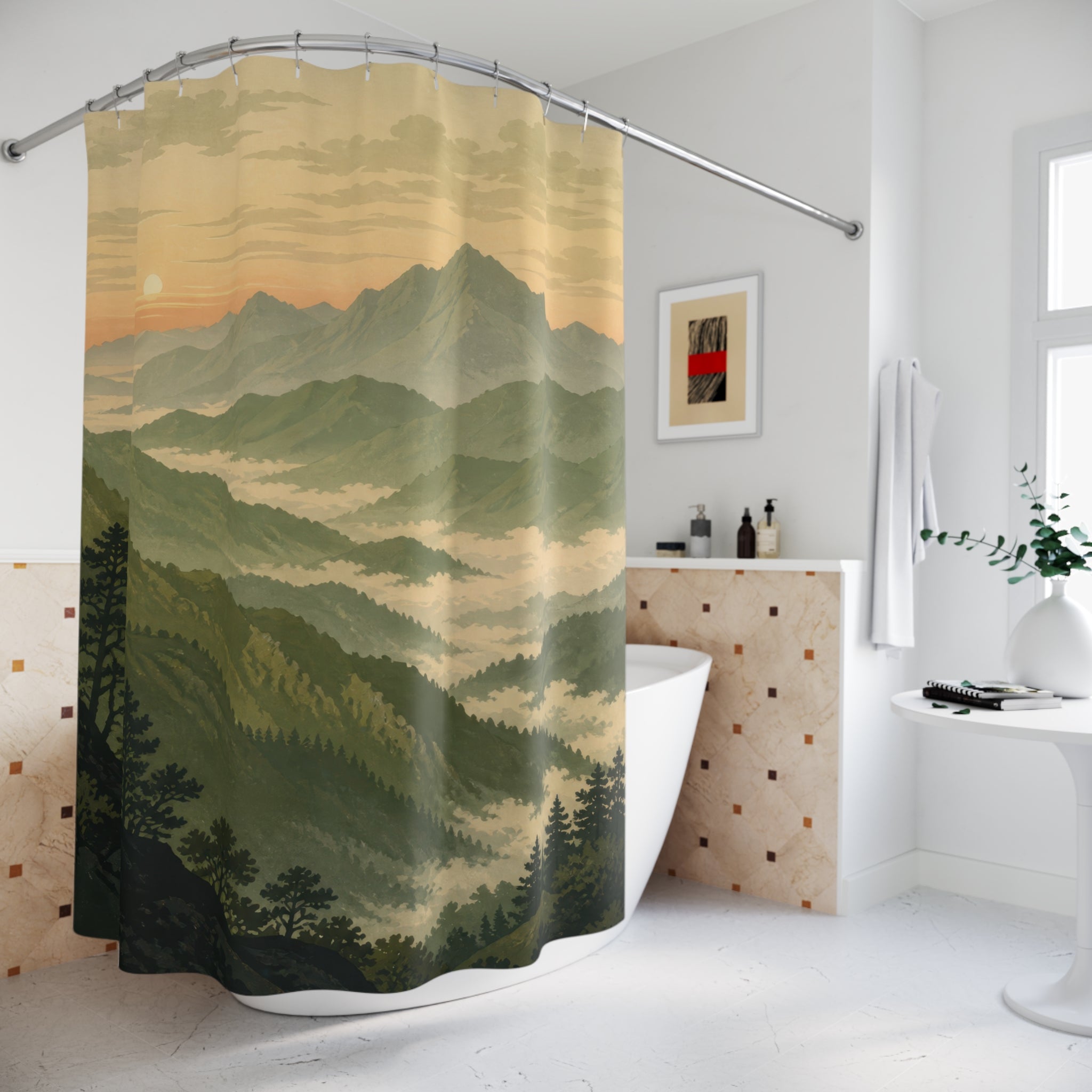 Misty Olive Mountain Ridge Shower Curtain