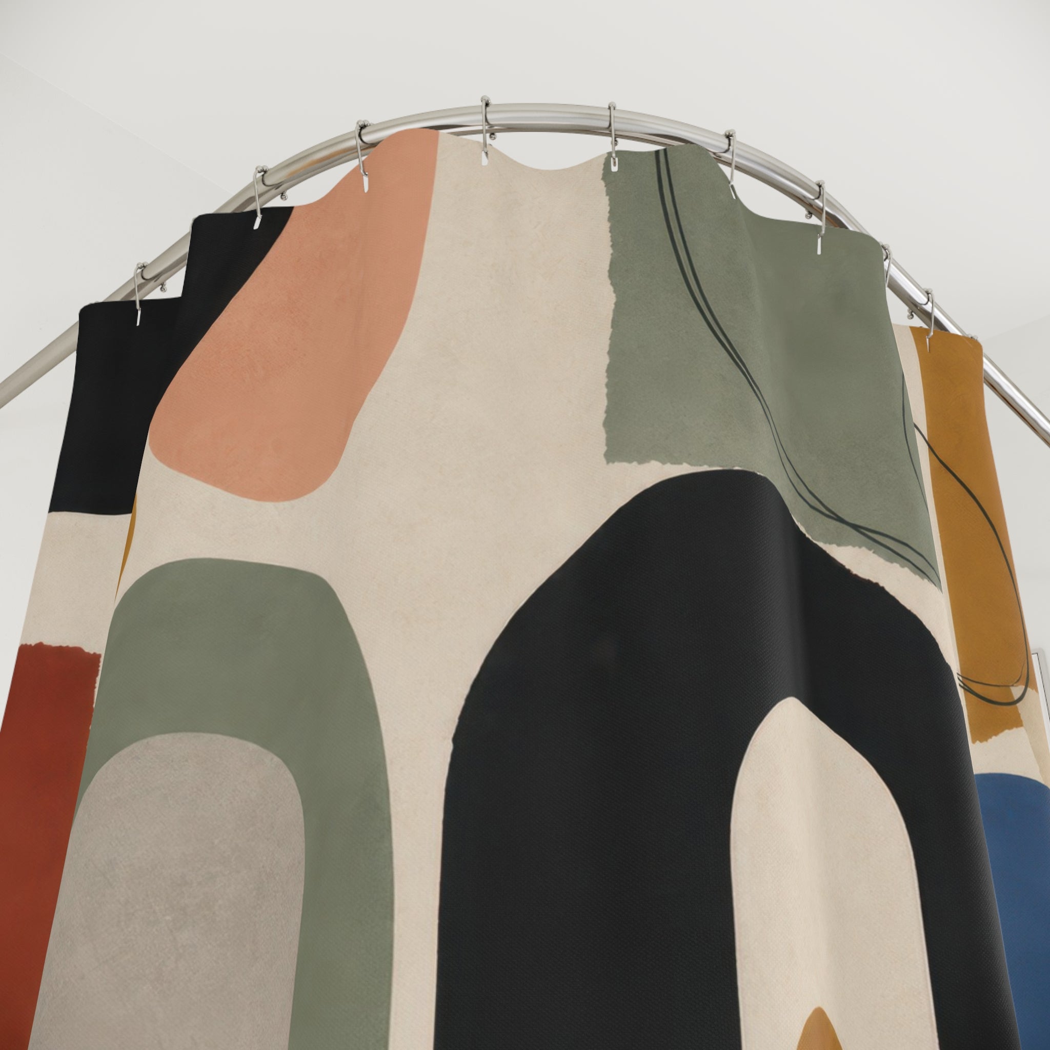 Modern Geometric Shower Curtain, Colorful Arch Landscape, Blue Green Terracotta Abstract Bathroom Decor, Playful Retro Bath Style, Bold