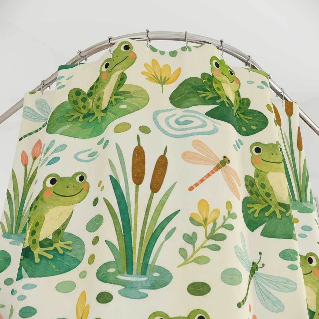 Kids Frog Shower Curtain, Lily Pad Pond Animal Pattern, Green Bathroom Decor, Cute Nature Pond Wall Decor Guest Bath Gift For Home