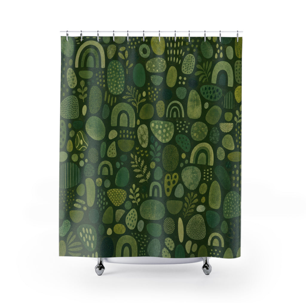 Boho Shower Curtain, Green Abstract Bath Decor, Sage Arch Pebble Pattern, Modern Guest Bathroom Decor, Playful Earthy Style