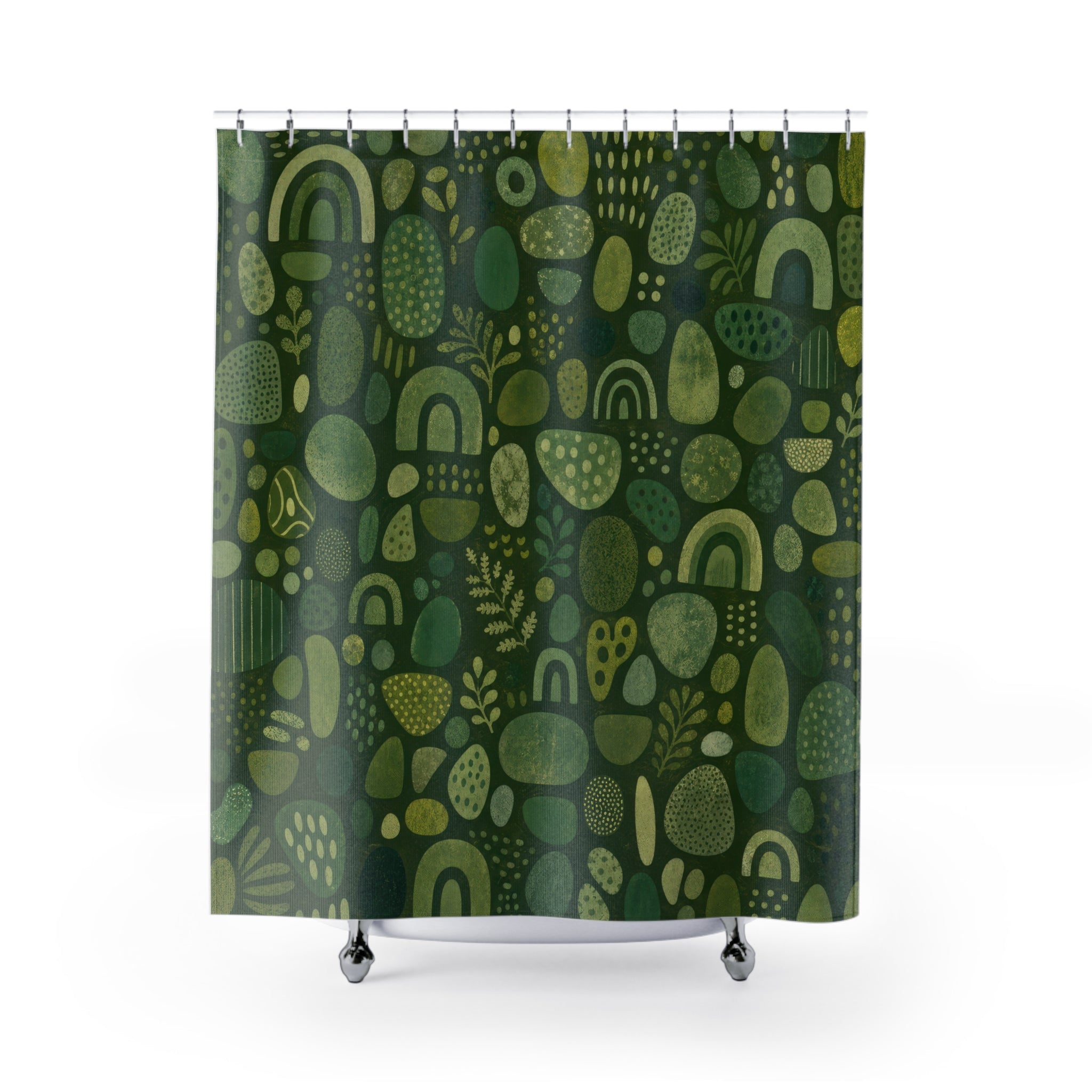 Boho Shower Curtain, Green Abstract Bath Decor, Sage Arch Pebble Pattern, Modern Guest Bathroom Decor, Playful Earthy Style