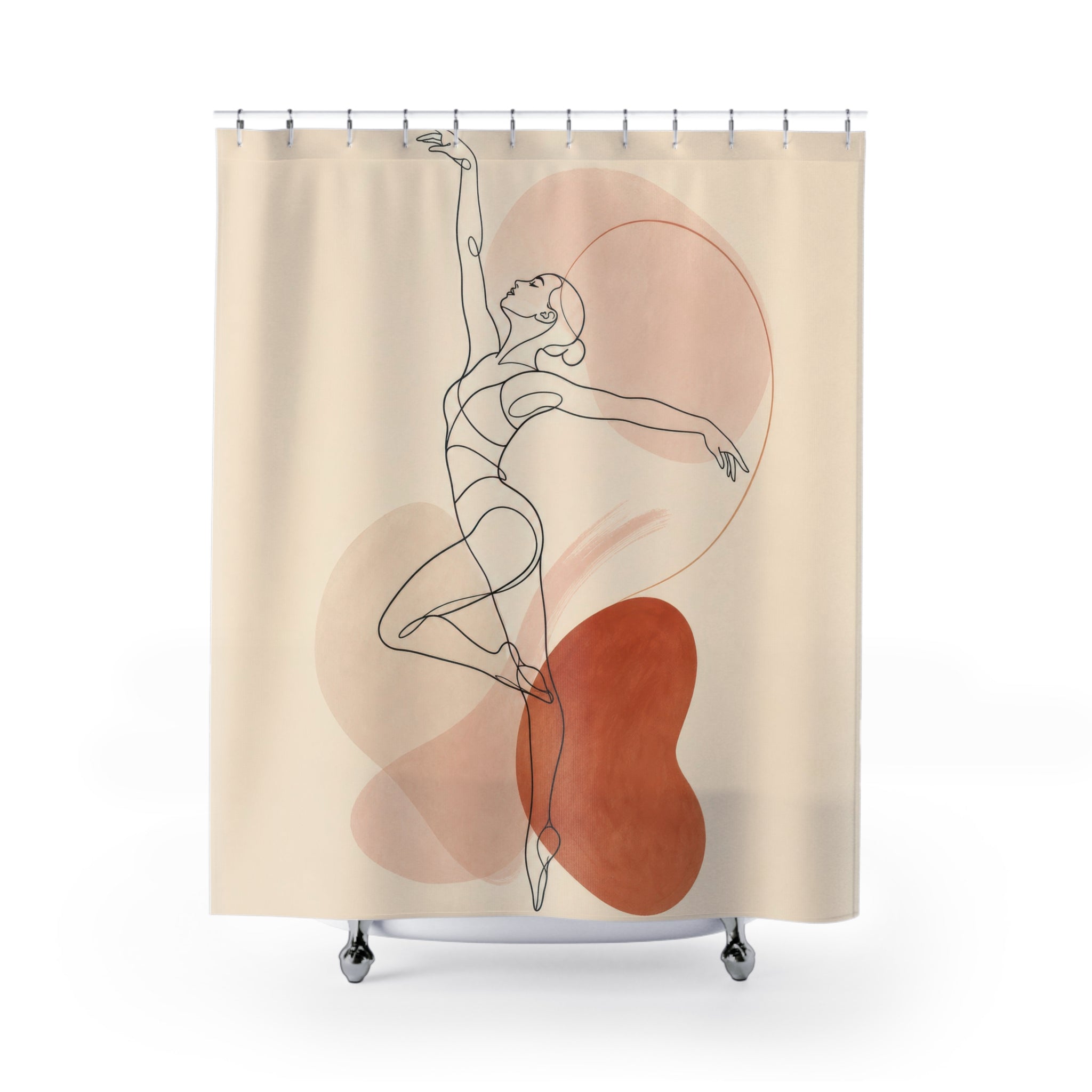 Line Art Shower Curtain, Dancing Figure Abstract Pattern, Beige Peach Bathroom Decor, Modern Guest Bath Figure Art Style