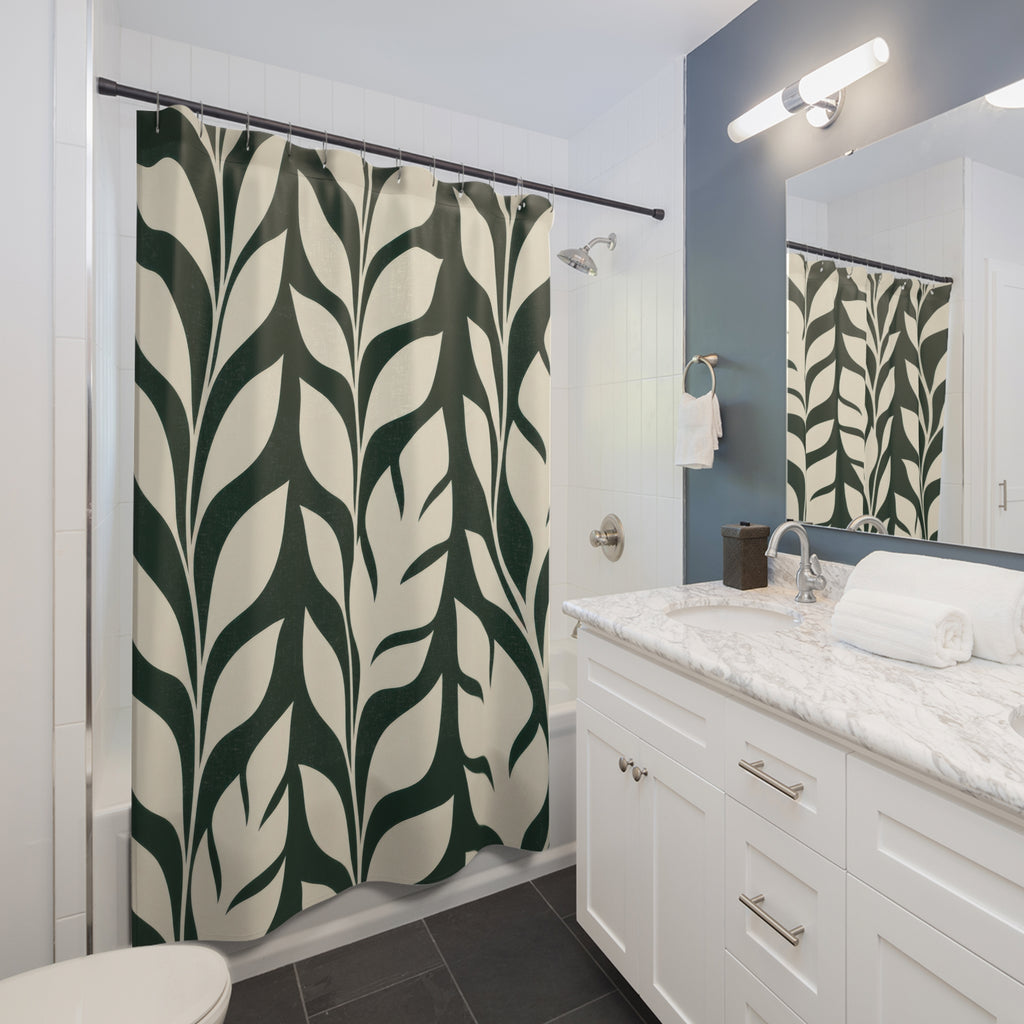 Leaf Shower Curtain, Dark Green Botanical Pattern, Cream Tropical Leaf Bath Decor, Modern Guest Bathroom Accent, Graphic Green Style