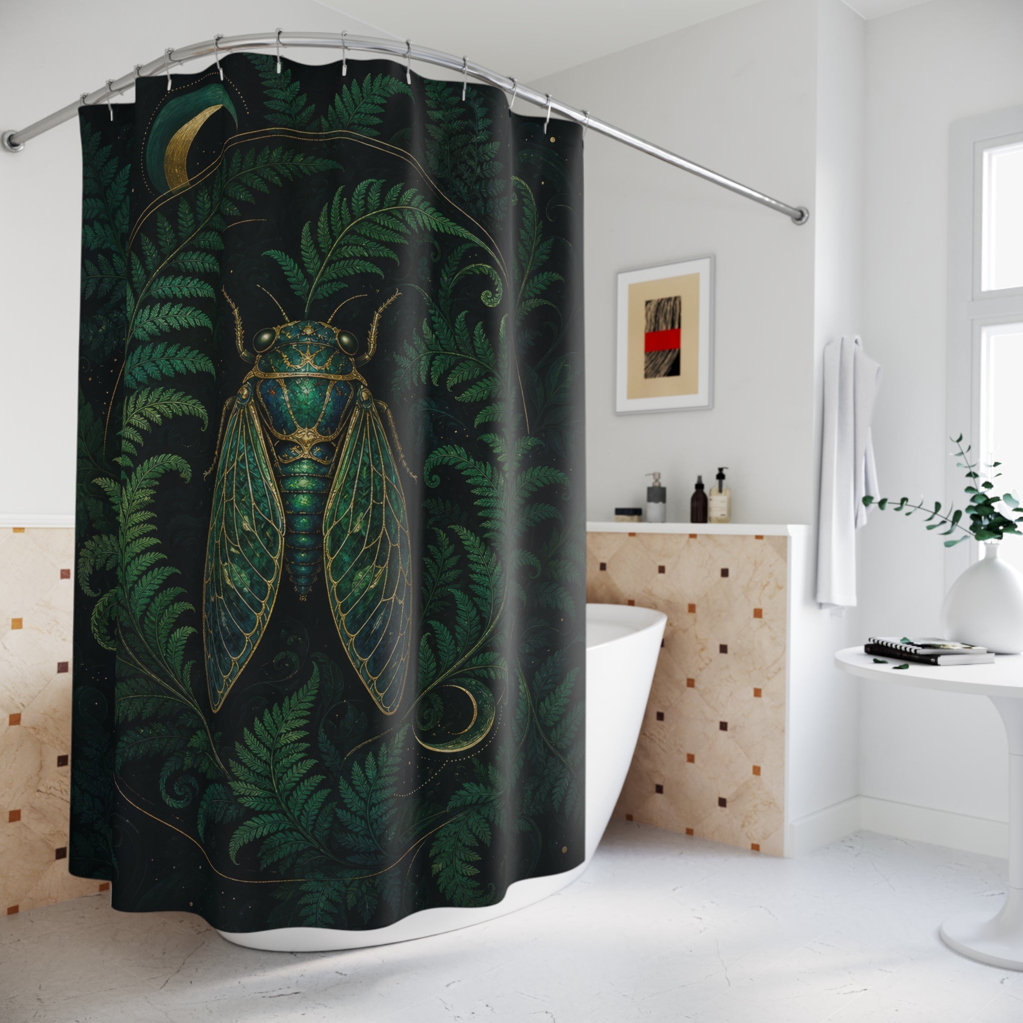 Dark Green Celestial Cicada Shower Curtain
