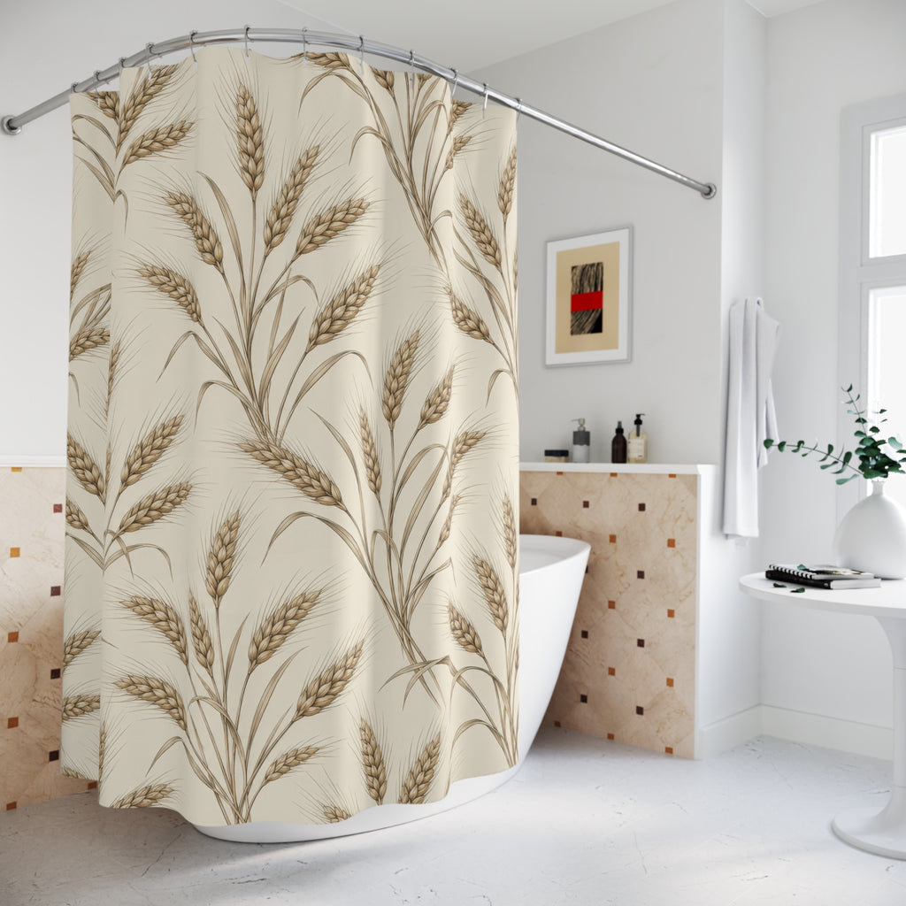 Sepia wheat sprays on cream shower curtain beside a freestanding tub