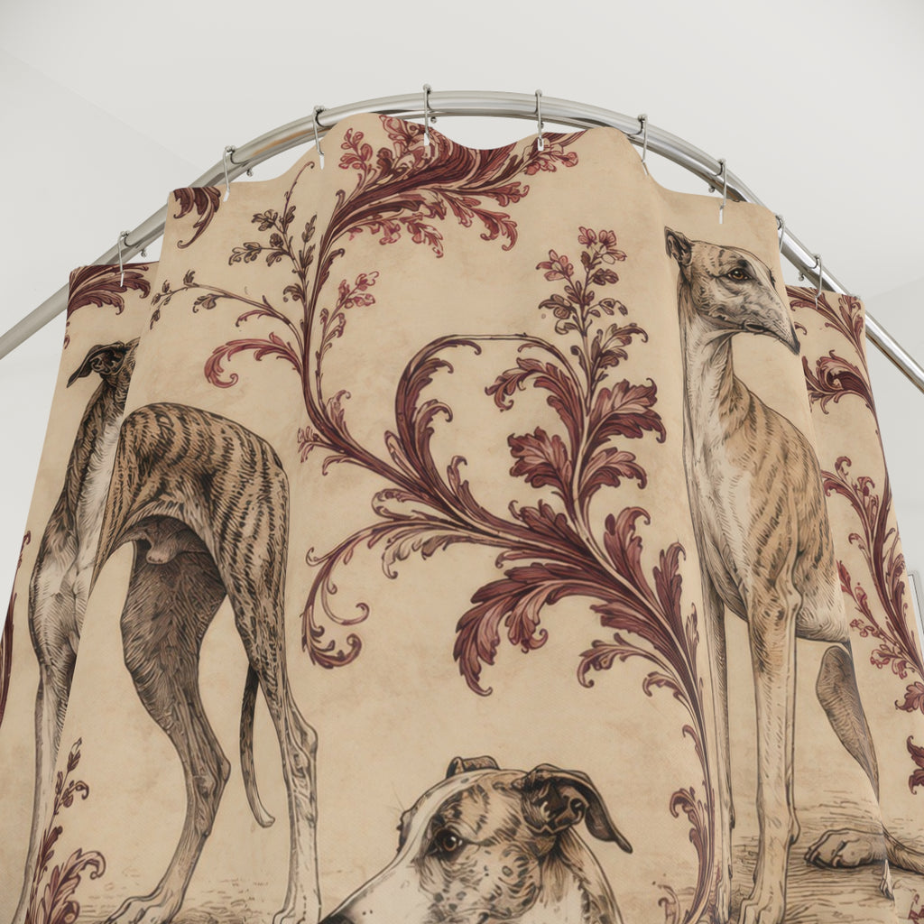 Whippets among burgundy ornamental foliage shower curtain with close-up print, hooks, and folds