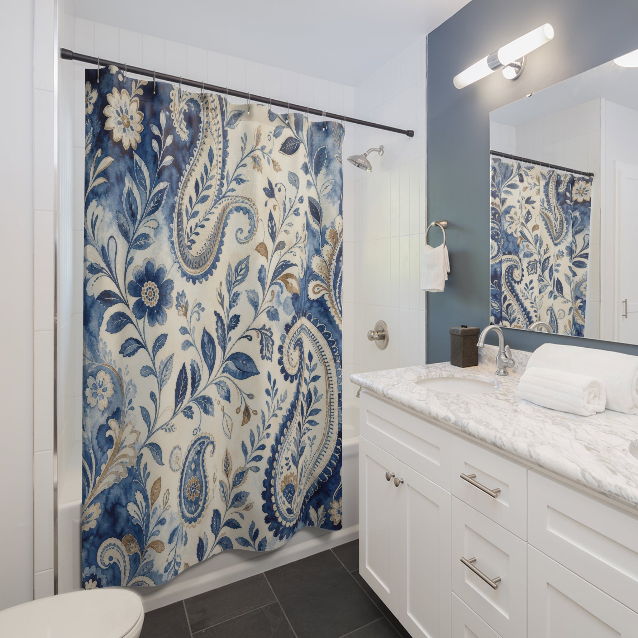 Indigo Paisley Boho Floral Shower Curtain