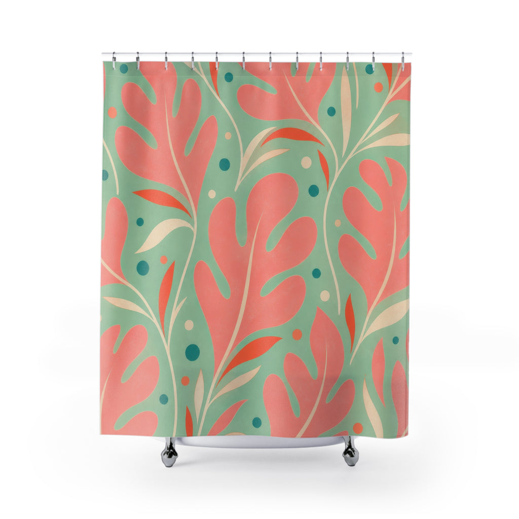 Retro Shower Curtain, Coral Mint Leaf Pattern, Tropical Botanical Bathroom Decor, Fresh Guest Bath Wall Gift For Home Spa Refresh Style