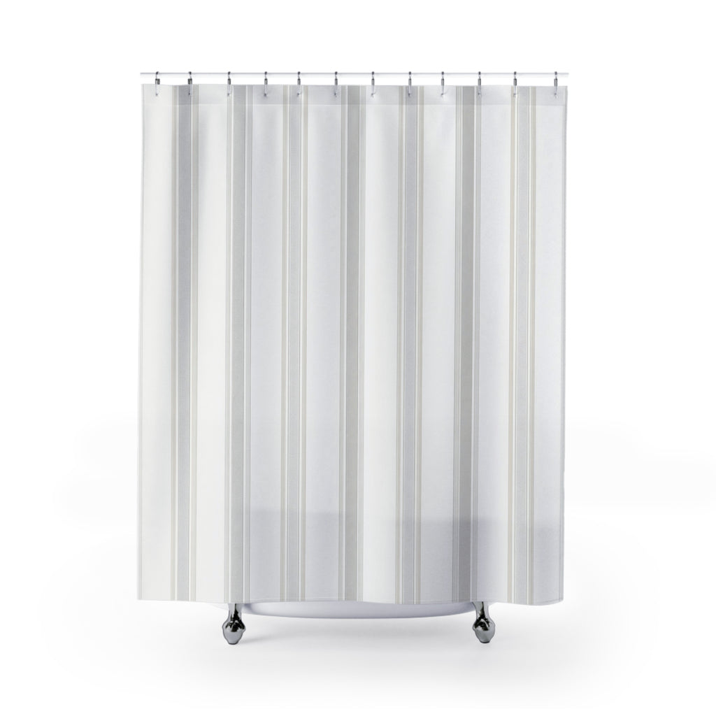 White Beige Fine Vertical Stripe Shower Curtain