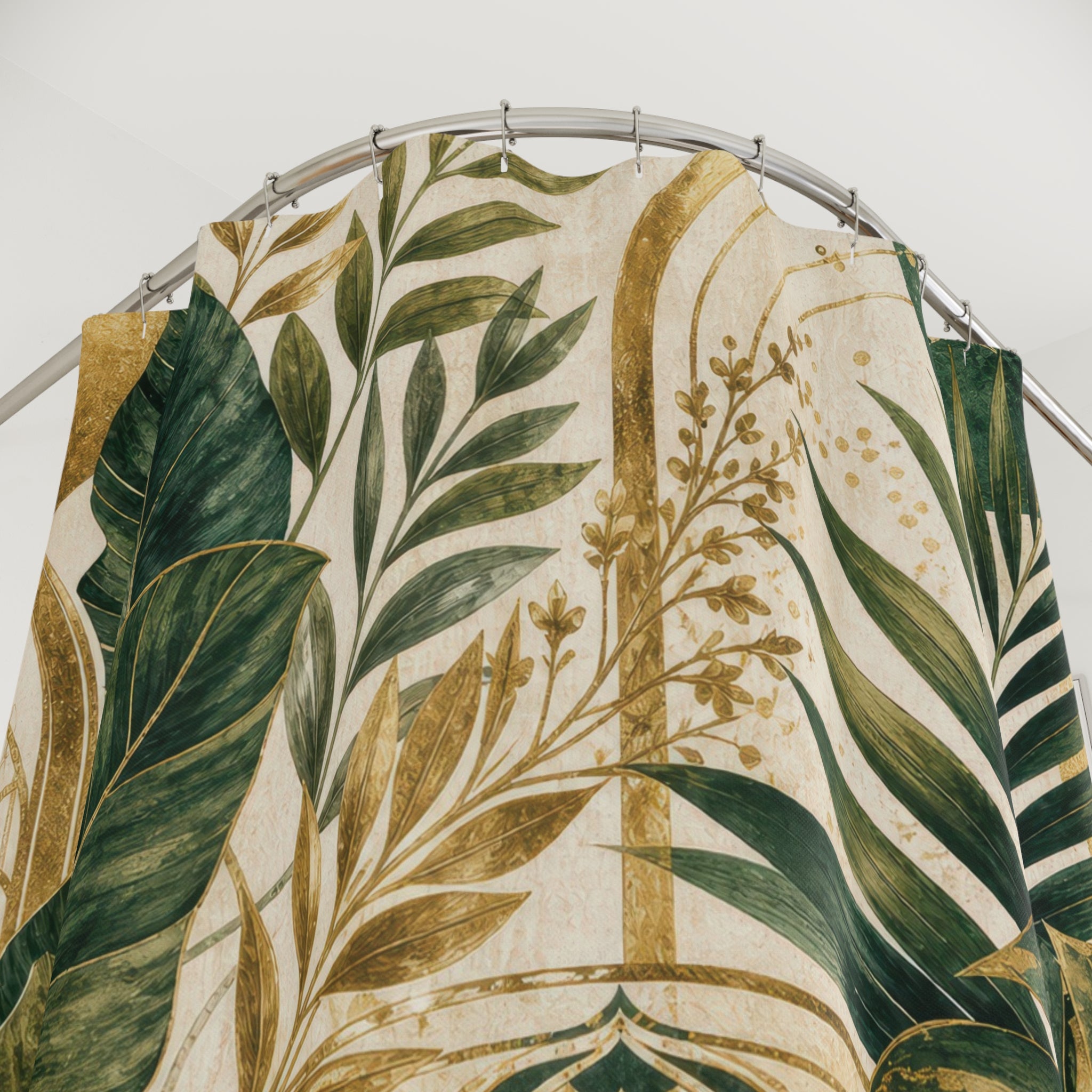 Gold and Green Shower Curtain: Tropical Botanical Pattern