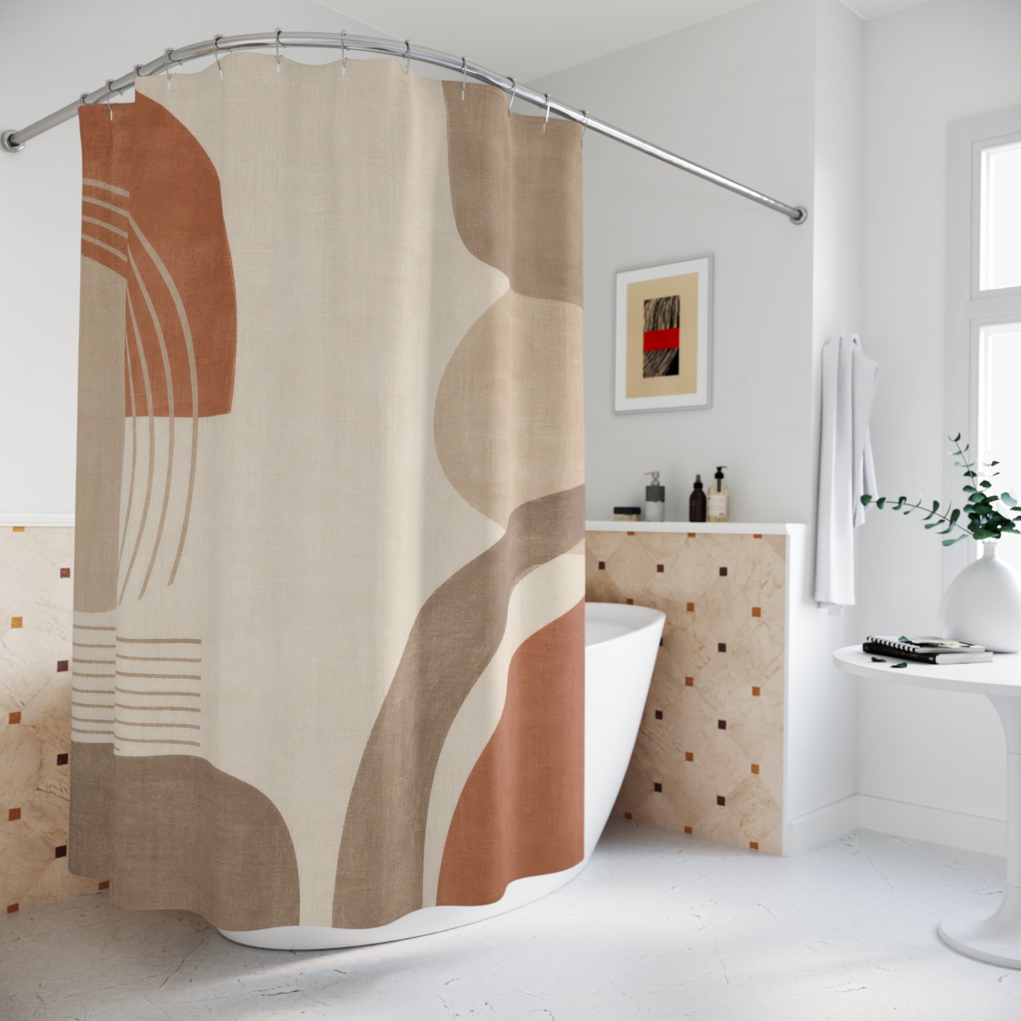 Abstract Shower Curtain, Beige Rust Arches Pattern, Warm Neutral Bathroom Decor, Modern Boho Guest Bath Organic Art Style