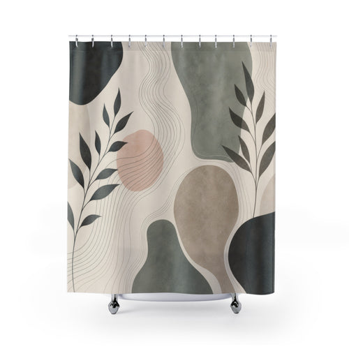 Abstract Botanical sage beige black shower curtain with full front view