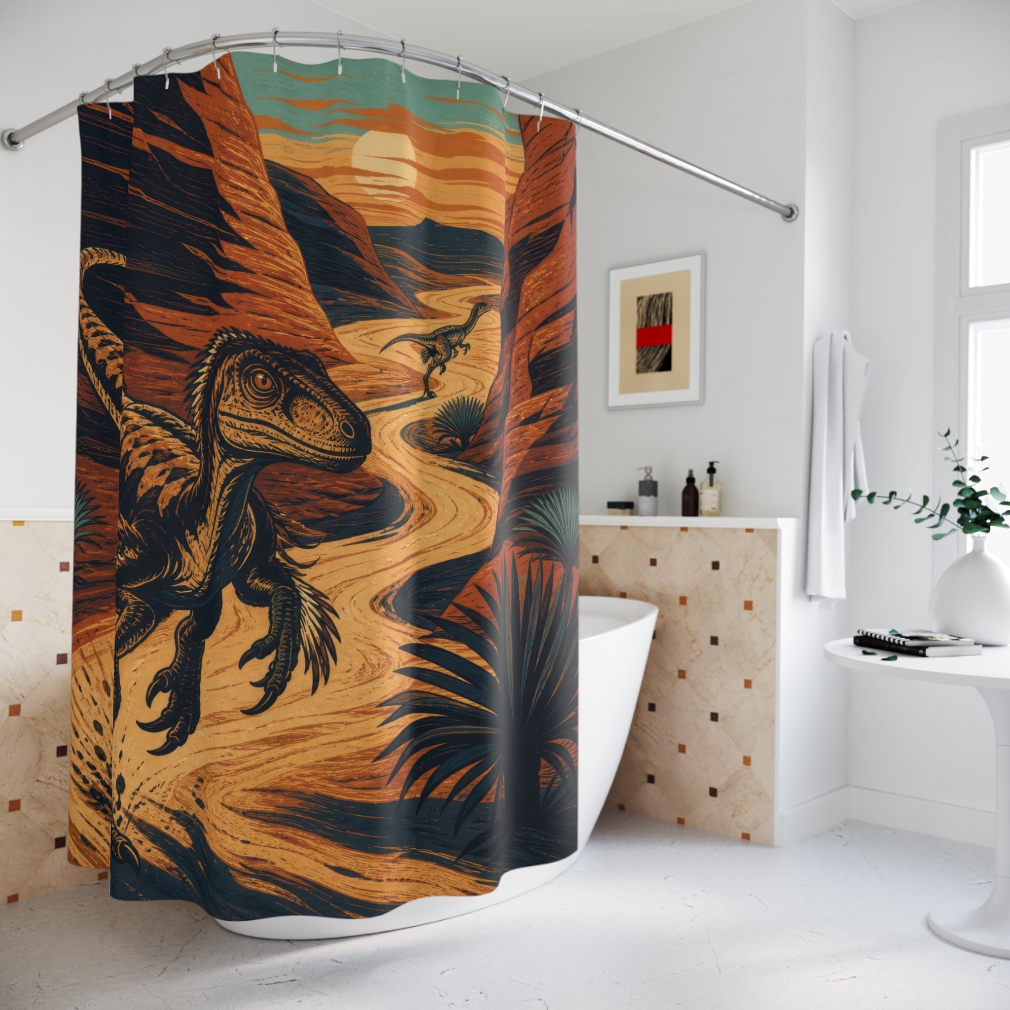 Retro Orange Teal Velociraptor shower curtain beside a freestanding tub