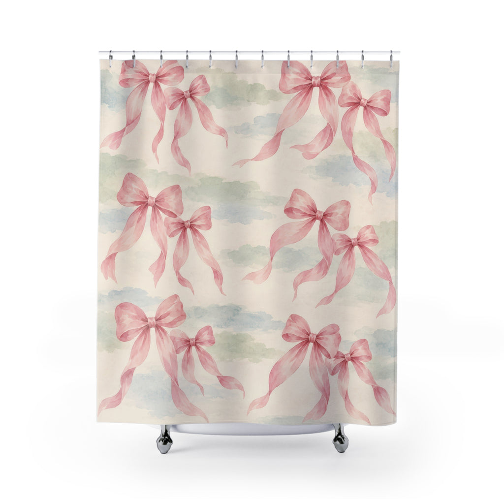 Pink bow pairs over pale sage and dusty blue washes shower curtain with full front view