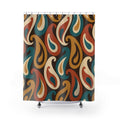 Teal, mustard, rust and cream paisleys on brown shower curtain with full front view