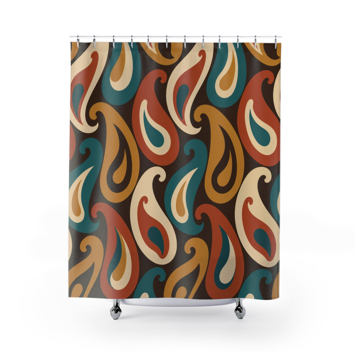 Teal, mustard, rust and cream paisleys on brown shower curtain with full front view